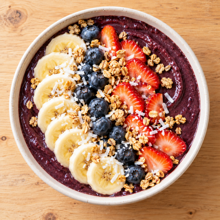 An açaí bowl topped with banana, strawberries, blueberries, granola and coconut.