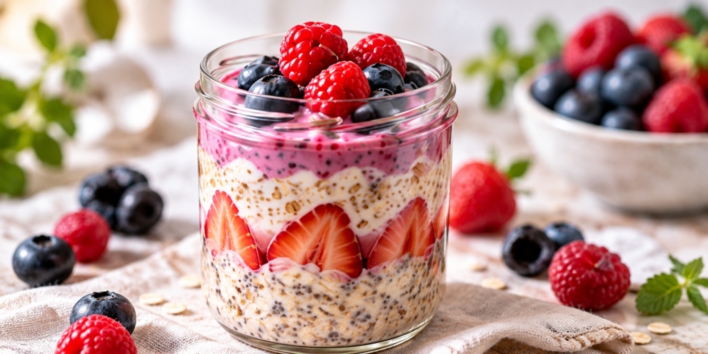 Berry overnight oats in a glass jar topped with raspberries and blueberries.