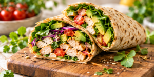 Two chicken and avocado wrap halves filled with colourful vegetables and greens.