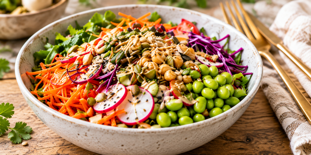 A rainbow salad with chickpeas, carrots, red cabbage, greens, radish, dressing and seeds.