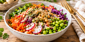A rainbow salad with chickpeas, carrots, red cabbage, greens, radish, dressing and seeds.