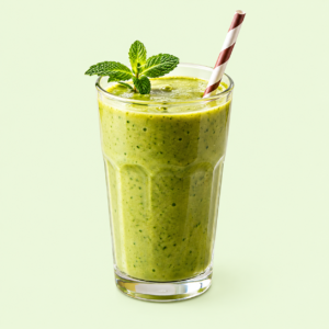 A green smoothie in a clear glass with mint leaves and a striped straw.