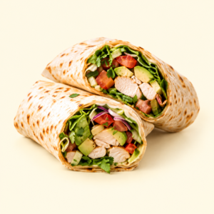 Two chicken and avocado wrap halves on a pale cream background.