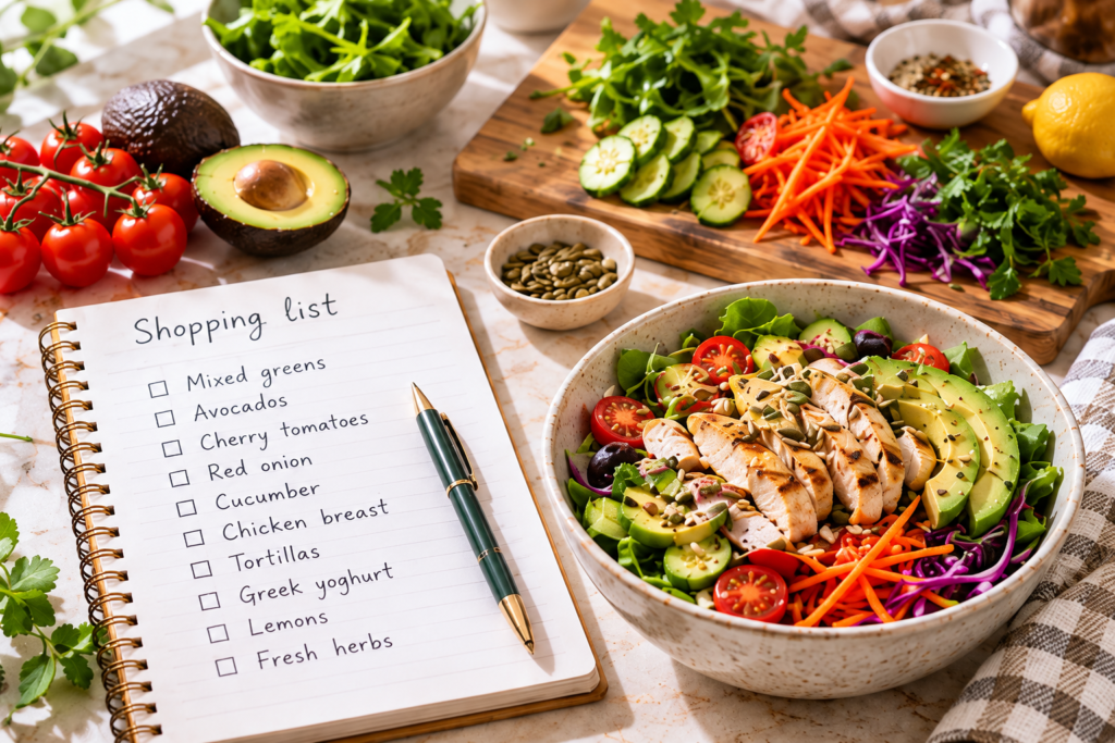 A shopping-list notebook and green pen beside a colourful chicken and avocado salad and fresh vegetables.