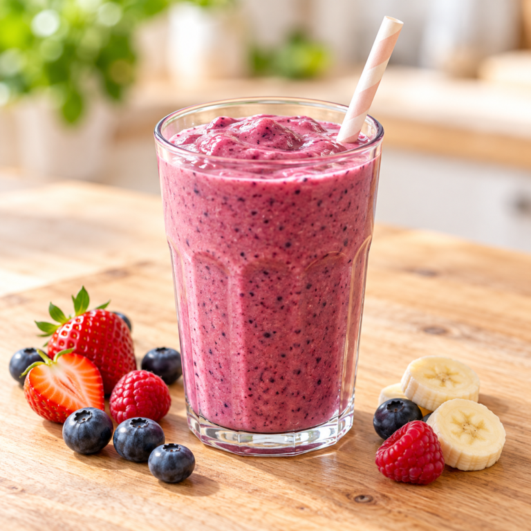 A berry smoothie in a glass beside fresh berries and banana.