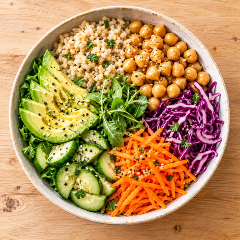 A Buddha bowl with grains, chickpeas, avocado, cucumber, carrot and red cabbage.